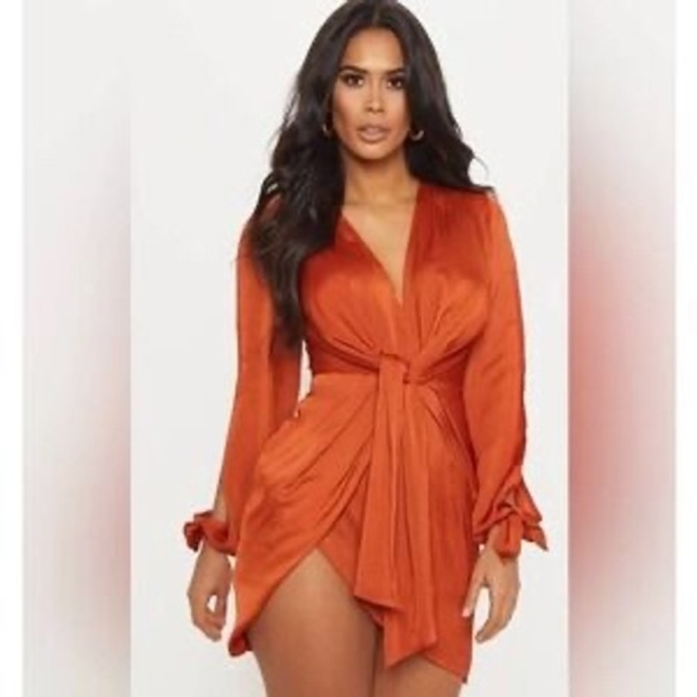 PrettyLittleThing Satin Wrap Dress Womens Size 6 Rust NWT Twist Front Mini